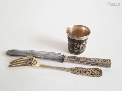 19C Russian Gilt Silver Niello Knife Fork_x0…