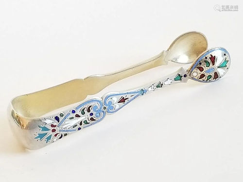 19C Russian Silver Enamel Sugar Tongs