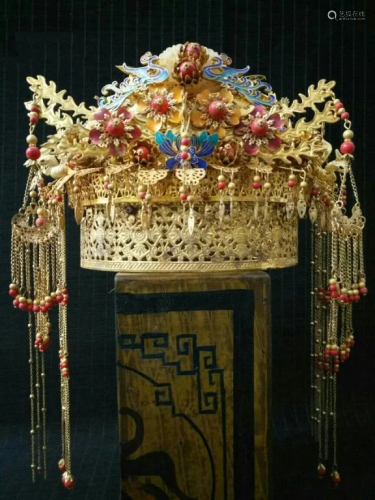 Chinese Gilt Queen Crown w Coral