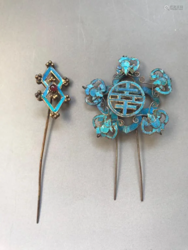 Two Qing Chinese Enamel Silver Hair Pin