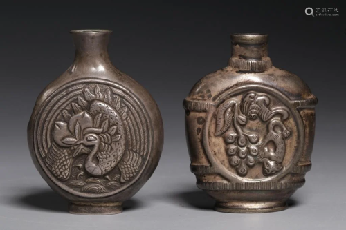 Qing Pair of Chinese Silver Snuff Bottle