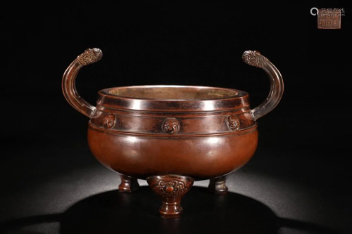 Chinese Bronze Tripod Censer w Handle