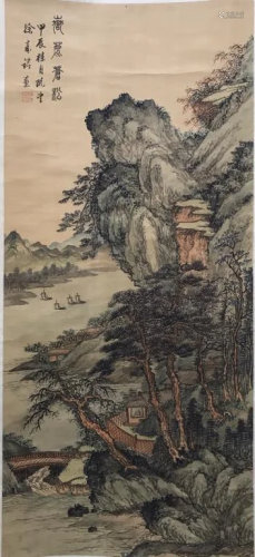 Chinese Ink Color Landscape Scroll Painting,…