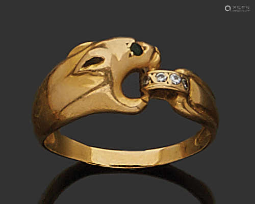 Bague en or jaune 18K (750), stylisée d'un félin, …