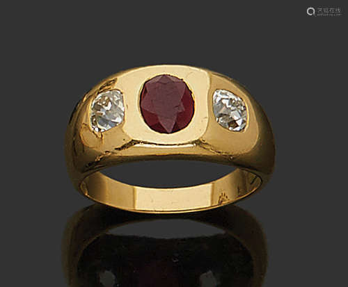 Bague jonc en or jaune 18K (750) serti d'un rubis …