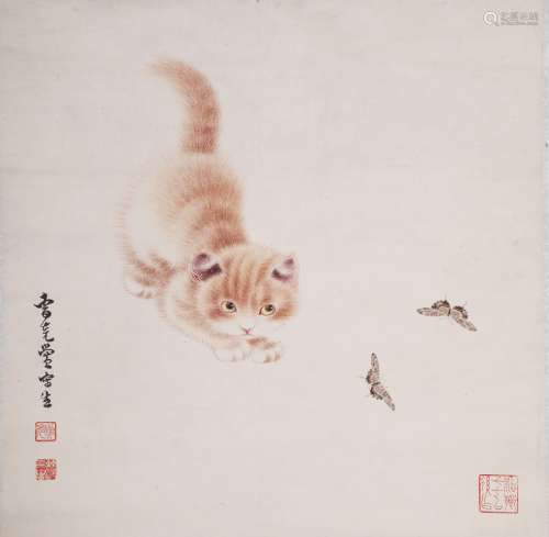 曹克黉 1906-1979 猫蝶图 立轴 设色纸本