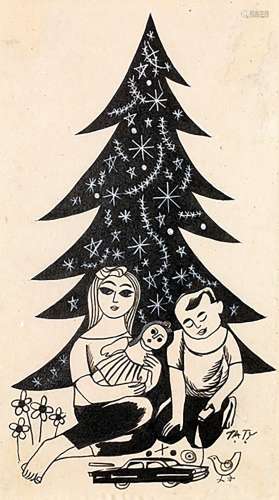TATY (1921-2004) Scène de Noël. Signée en bas à droite, datée 1961. Dim. à vue : 22 x 12 cm