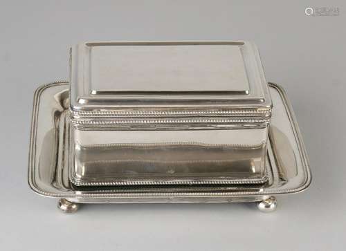 Silver cookie jar with coaster, 833/000, rectangular