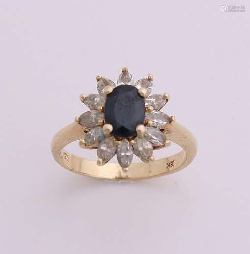 Yellow gold ring, 585/000, with sapphire and diamond.