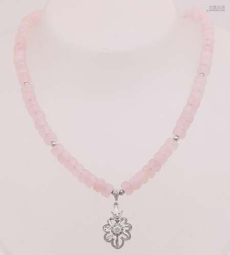 Necklace of rose quartz with white gold balls and