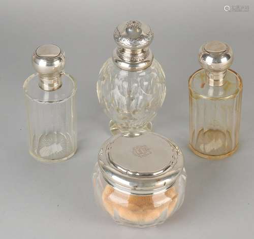 Four crystal bottles with silver, a powder box with