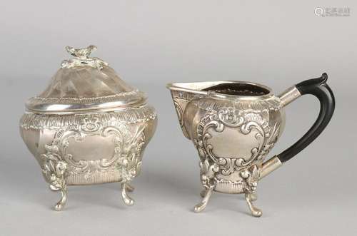 Antique silver cream-set, with a milk jug, with wooden