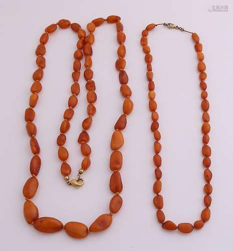 Two necklaces of amber, nugget-shaped, translucent