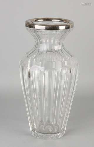 Large crystal vase with grinding, with a smooth silver