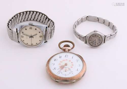 Lot 3 watches, silver pocket watch, and two