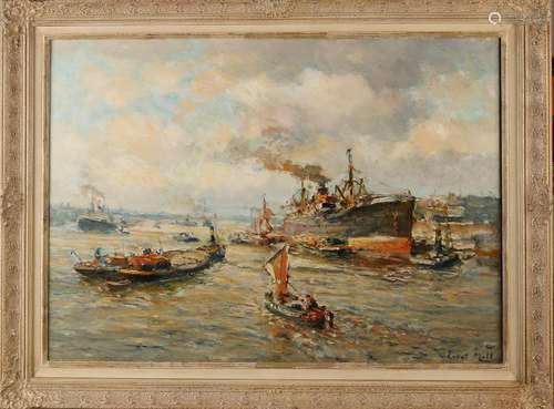 Evert Moll 1878-1955 Rotterdam port with many ships oil