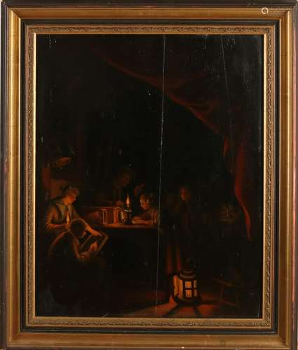 Unclear signed. 19th century. Figures by candlelight.