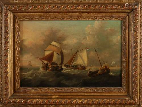 Unsigned. 19th century. Dutch fishing boats at sea. Oil