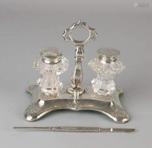 Silver inkstand, 833/000. Ink Set on silver holder,