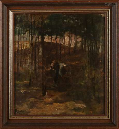 Hein Kever. 1854 - 1922. Farmer seeks deadwood. Oil on