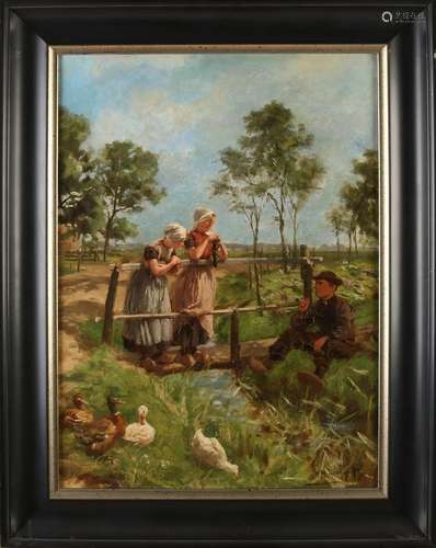 H.M. Horix 1845-1923 Zeeland girls on bridge in ditch