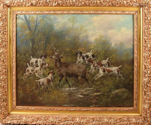 Painting bears signature H Schouten ca 1900 deer