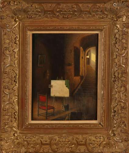 Unsigned. 19th century. Interior with easel. Oil paint