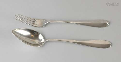 18th Century silver cutlery, spoon and fork, on the