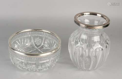 Two parts crystal with silver, a convex vase with a