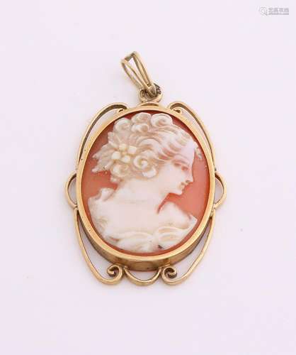 Yellow gold pendant, 585/000, with schelpcamee. Pendant