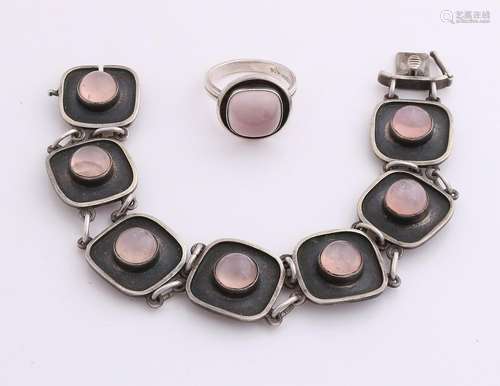 Silver bracelet or ring, 835/000, with pink quartz. A