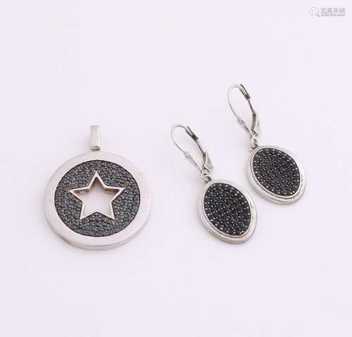 Silver pendant and earrings, 925/000, with black