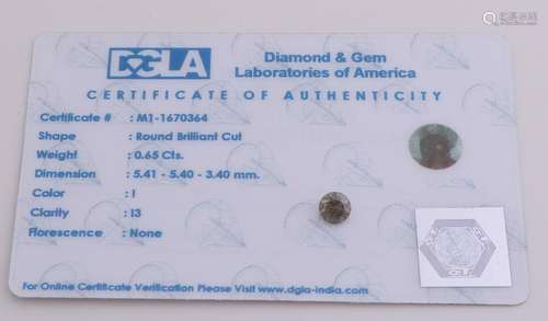 The brilliant-cut diamond, 0,65 ct purity I3, color I.