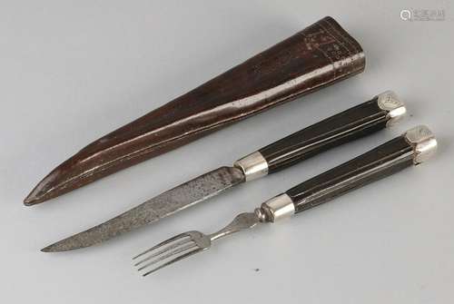 Antique travel cutlery case with silver elements,