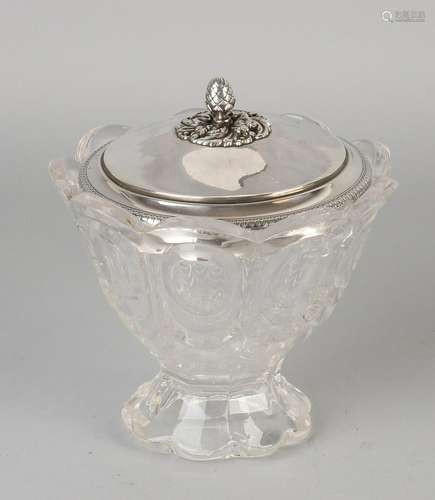 Glass sugar bowl on scalloped foot with scalloped edge,