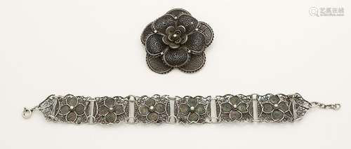 Silver filigree bracelet and brooch, 800/000, bracelet