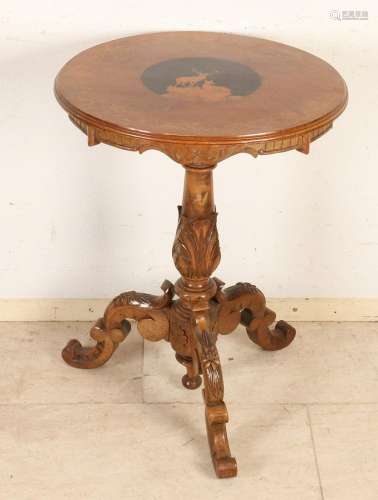 Antique walnut side table with intarsia in leaf. Red
