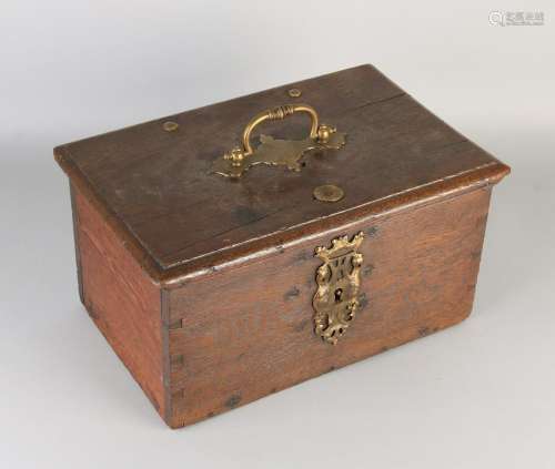 18th Century German oak trunk with engraved motto, arms