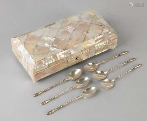 Mother of pearl spoon box filled with six silver