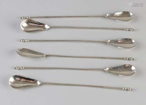 Six 835/000 silver longdrink spoons with long knob stem