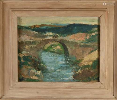 Unclear. K. Heuss. Bridge in rolling countryside. Oil