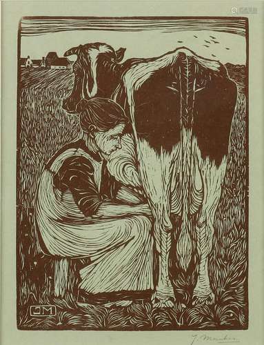 Jan Mankes. 1889 - 1920. Milking farmer. Woodcut on