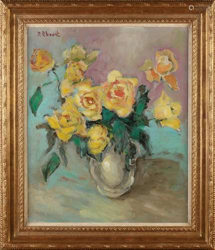 Paulette Chanet 1952- vase with yellow roses oil on