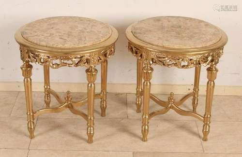 Two gilded Louis XVI-style wooden side tables with