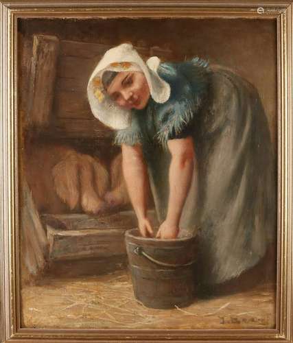 Joan Berg 1851-1935 Zeeland girl feeds the pigs oil on