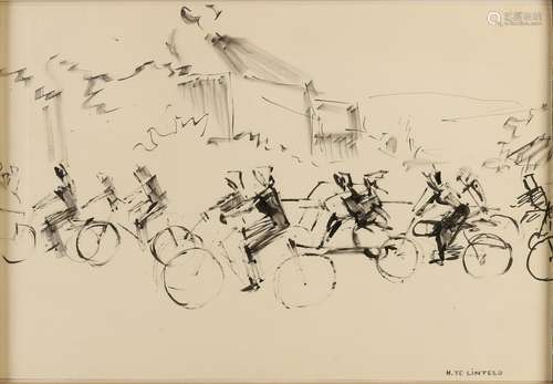 H. to Lintelo. Landscape with cyclists. Black ink on