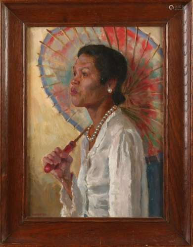 A. van Kooten. Indonesian woman with umbrella. Oil