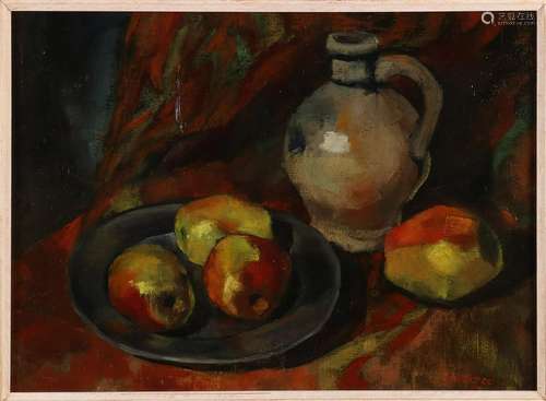 Cor Noltee. Still life with jug, tin plate and apples.