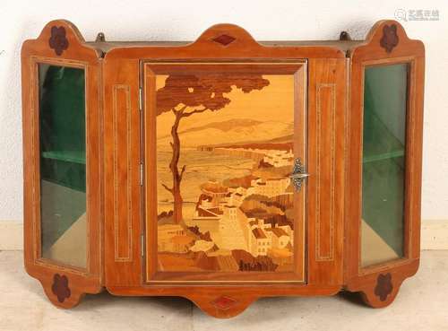 Antique walnut art nouveau wall cabinet with intarsia.