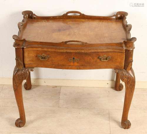 Dutch burl walnut tea table with drawer and bronze